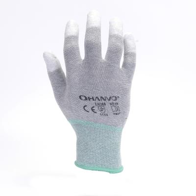 China Safety Work Gloves 13 Gauge Mechanic Working Gloves Hanvo Anti-Slip Carbon Protective Coating With PU Finger Tip Coated for sale