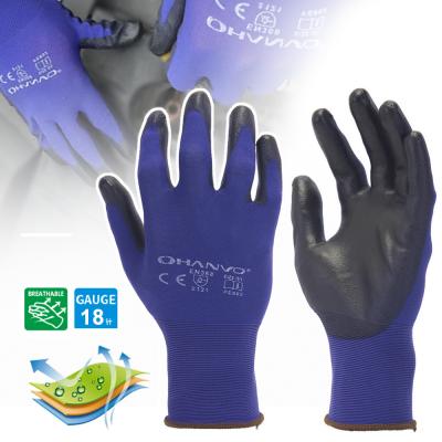 China Hanvo Safety Work Gloves 18 Anti-Slip Protective Gauge Dye Nylon With PU Coated Mechanic Working Gloves for sale