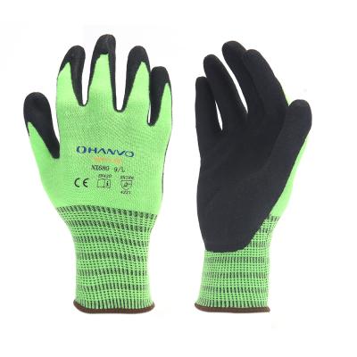 China Hanvo Safety Work Anti-Slip Protective Gloves 13G Sheared Cotton Coating With Sandy Nitrile Coated for sale