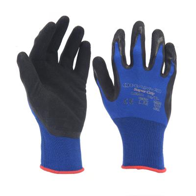 China Hanvo Anti-Slip Work Safety Gloves 13 Gauge Royal Blue Natural Latex Coated Gloves for sale