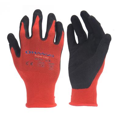 China Anti-Slip Red Nylon Liner with Sandy Nitrile Coated 13 Gauge Safety Work Gloves for sale