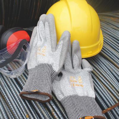 China Anti-cut cut resistant work gloves level 5 PU coated 13 gauge for ordinary grade. Superior grip power on oily and wet environment gloves for sale