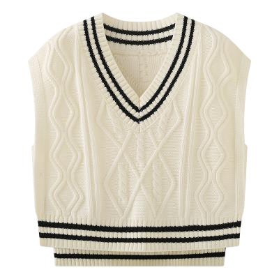 China Girl's Retro Breathable Beige Winter Sweater V-Neck V-Neck Vest Top Knitted Winter Knit Vest for sale