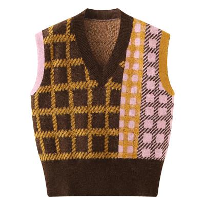 China Autumn New Retro Outer Plaid Breathable Spring And V-Neck Sweater Knit Knitted Vest for sale