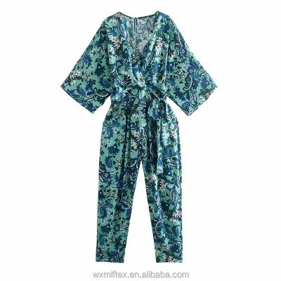 China Custom Design QUICK DRY Custom Green Half Sleeve Vintage Women Overalls Floral Print Sashes Rompers for sale