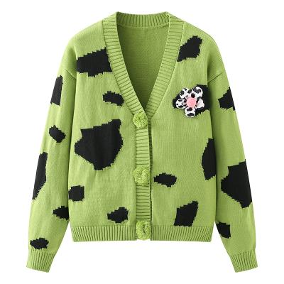 China New Design Women Cardigan Jacket Breathable Green Outer Wear Knit Neck Sweater For Ladies for sale