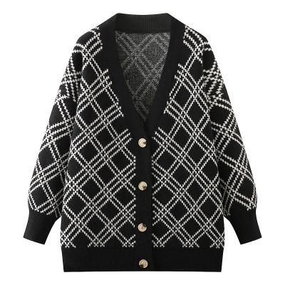 China Breathable Spring And Autumn Retro Black Diamond Cardigan Ladies Long Knitted Sweater for sale