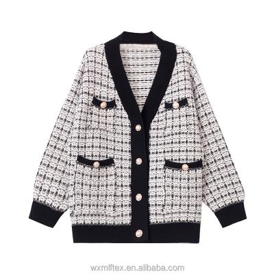 China Autumn Winter Retro Check Sweater Women's Loose Knitted Sweater Coat Breathable Single Breasted Long Plaid Cardigans for sale