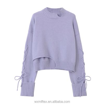 China China Factory Breathable Short Cropped Soft Women Knitted Cropped Sweater Lilac With Sleeve Ties for sale