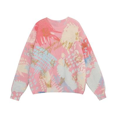 China Anti-pilling Custom Print Pattern Women Sweater Pink Crewneck Sweaters Crewneck Anime Sweater for sale