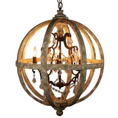 China New Farmhouse Globe Wood Chandelier Weathered Wide Rustic Crystal Pendant 5-Light Backlight for sale