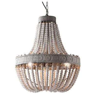 China Farmhouse Wood Beaded Rustic Gray White Finishing Retro Vintage Antique Kitchen Ceiling Lamp Lighting Fixtures Three Chandelier Lights for sale