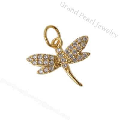 China Gold Plated Metal CZ Charm - Cheap Dragonfly 12mm OEM Gold Plated Brass Setting With CZ Necklace Pendants For Accessories for sale