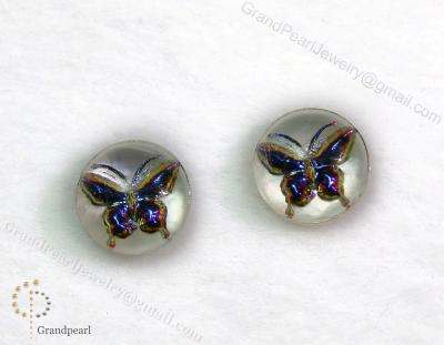 China - Engraved butterfly doublet cabochon - 10mm mother of pearl combined with crystal - round for sale