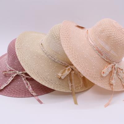 China Wholesale Custom Character Hat Straw Knitted Hat With Ribbon Bow Decoration Beach Knit Hat for sale