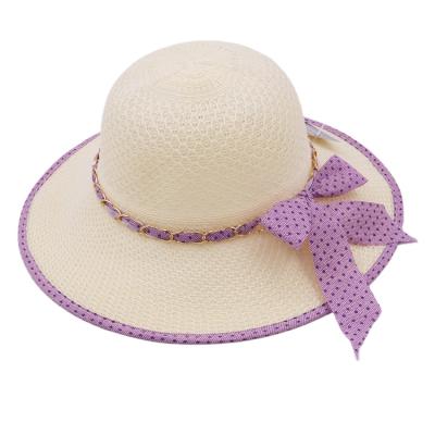 China New Character Children's Bowknot Solid Color Beach Straw Hat Summer Chemical Fiber Seaside Sunscreen Straw Hat for sale