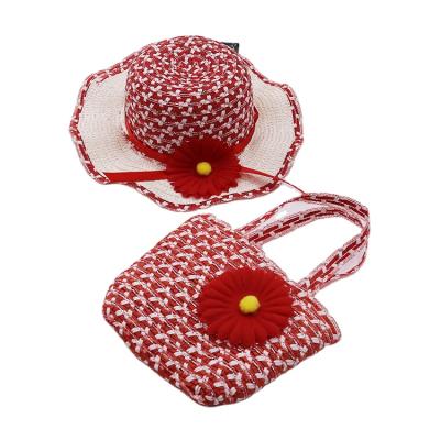 China Character Kids Summer Straw Hat Handbag Set Wholesale Girls Pink Bow Children Beach Floppy Hat Set for sale