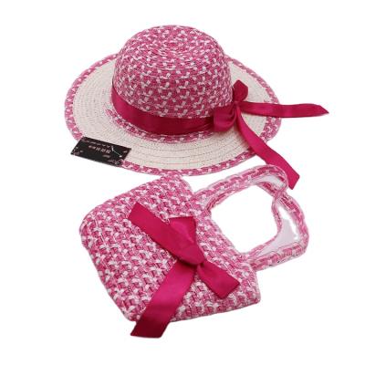 China Character Kids Summer Straw Hat Handbag Set Wholesale Girls Pink Bow Children Beach Floppy Hat Set for sale