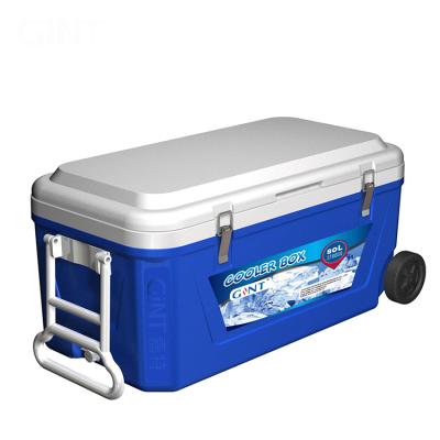 China 80L Outdoor Insulated Insulated PU Faom Fishing Plastic Ice Cooler Box With Wheels for sale