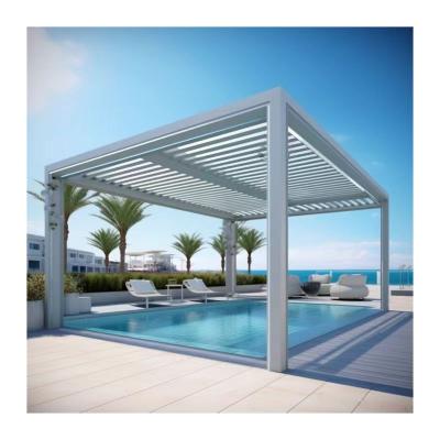 China Easily Assembled Motorized Folding Louvered Roof Bioclimatic Outdoor Garden Aluminum Pergola With RGB Light For Swimming Pool for sale