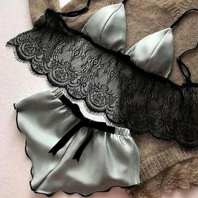 China Sexy Mature Woman Lingerie Floral Lace Bralette With Satin Shorts Lingerie Set Women Summer Sets Ladies Bra And Sexy Panties Underwear Pajamas Set for sale