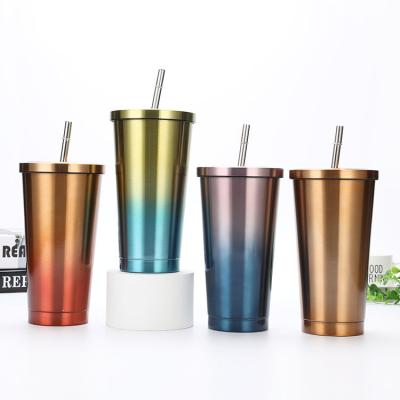 China Sustainable Large Capacity 500ml Double Wall Stainless Steel Beer Travel Coffee Mug With Straw for sale