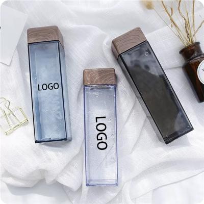 China Sustainable Outdoor Transparent Wooden Travel Lid Plastic Square Frosted Water Bottle For Sports for sale