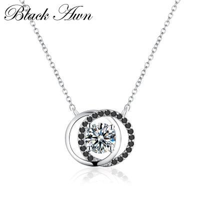 China [BLACK BARB] Good 925 Sterling Silver Jewelry 1.3Ct Two Stone Necklace Fashionable Black And White Women Dangled Genuine P003 for sale