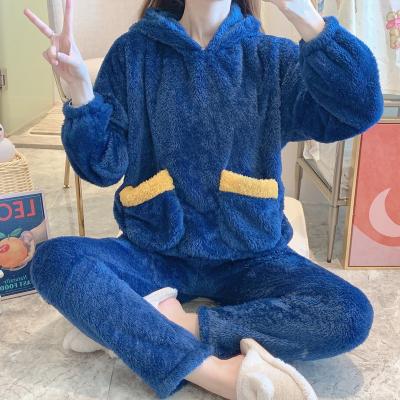 China 2021 Winter Thermal Long Sleeve Pajamas Warm Ladies Plush Cute Plush Cartoon Flannel Bear Tail Hooded Homewear Set for sale