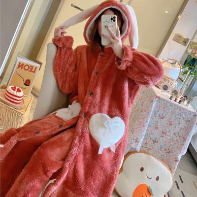 China New Winter Women's Beautiful Long Plush Home Wear Breathable Warm Flannel Nightgown Long Sleeves Bathrobe Pajamas for sale