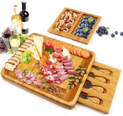 China Modern Bamboo Cheese Board with Cheese Tools, Cheese Dish Charcuterie Board with Utensils Set and 4 Stainless Steel Cutting Knives for sale