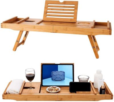 China Viable Hot Sale Wine Glass Book Soap Holder Laptop Desk 2 In 1 Phone Slot Extra Large Bathtub Bamboo Cart To Bed Tray for sale