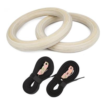 China Home Fitness Equipment Application Gym Fitness Equipment Power Training 32mm Ring Wood Gymnastic Rings With Wooden Gym Numbered Straps for sale