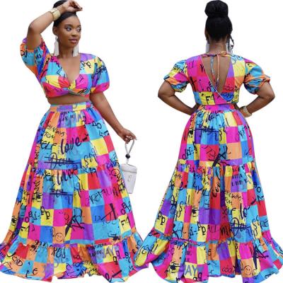 China New Viable V-Neck Navel High Waist Long Plus Size Two-Piece Color Graffiti Oversized Skirt Sets For Women Clothing for sale