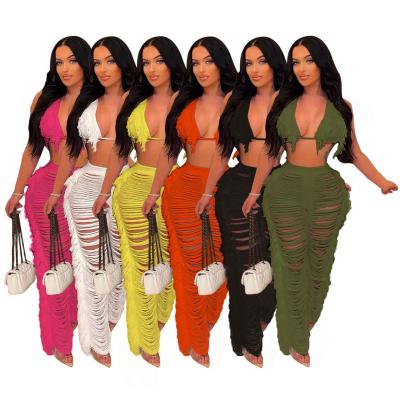 China New Arrival Sustainable Women's Solid Color Bikini Tassel Knit Beach Women Pants See Two Piece Set for sale