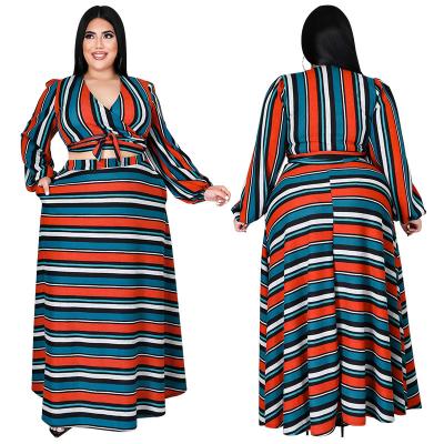 China Super OEM QUICK DRY Long Sleeve Dress Outfis 2pc Plus Size Stripe Sets Women Clothing Two Piece Set Skirt for sale