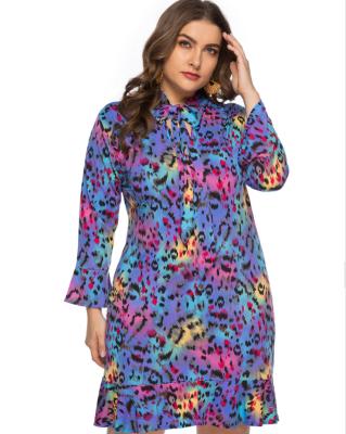 China New Plus Size Bow V-neck Chiffon Long Sleeve Leopard Viable Fashion Women's Long Sleeve Print Dress Hot for sale