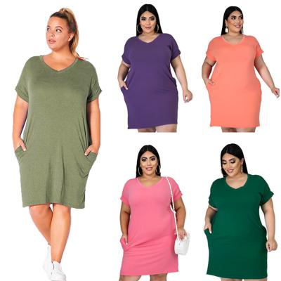 China New Arrival Summer Casual Solid Color V-Neckline Anti-Static Short Sleeve Mid Length Plus Size Dress For Women for sale