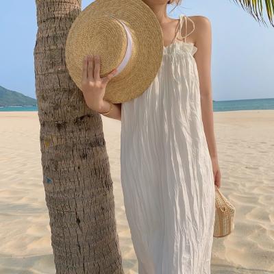 China Die Strandkleidung der Baumwollquadrat-Kragen-Frauen kleidet, rückenfreies weißes loses Strand-Kleid an zu verkaufen