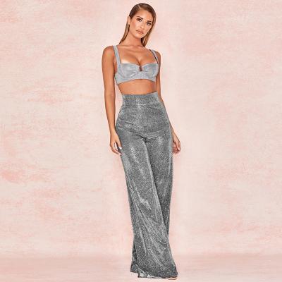 China Silver Silk Ladies Casual Pants , Women's High Waisted Wide Leg Pants for sale