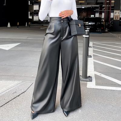 China Sexy High Waist Womens Wide Leg Leather Pants Solid Color for sale