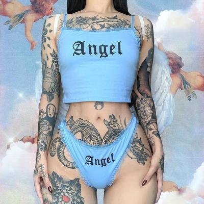 China Two Piece Sexy Girls Angel Underwear Set Black Letter Printing for sale