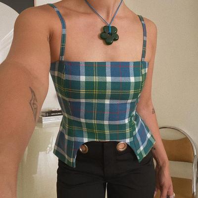 China Lattice Vest Ladies Camisole Tank Tops , Open Back Strappy Blue Plaid Tank Top for sale