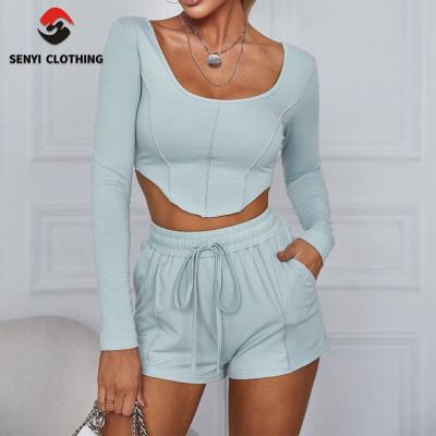 China Other Custom Apparel Women Full Sleeve Crop Tops Biker Shorts Two Piece Set Outfits Crop Tops Drawstring Waist Shorts Set for sale