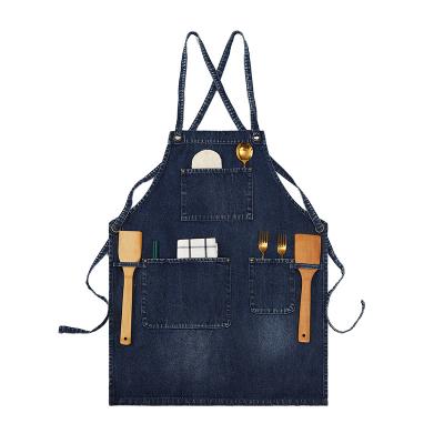 China Unisex Personality and Dirt Tolerance Fashion Cowboy Adjustable Strap Cross Back Denim Bib Apron for Chef Kitchen Crafting Cooking BBQ for sale