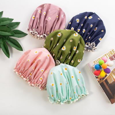 China New Style Female Viable Adult Ladies Bath Shower Cap Thick Waterproof Oil Vapor Printing Cap For Long Hair for sale