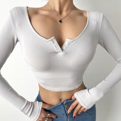 China Women Breathable V Neck Long Sleeve Yoga Tops Button Shirts With Thumb Hole Workout Gym Clothing Fitness T-Shirt for sale