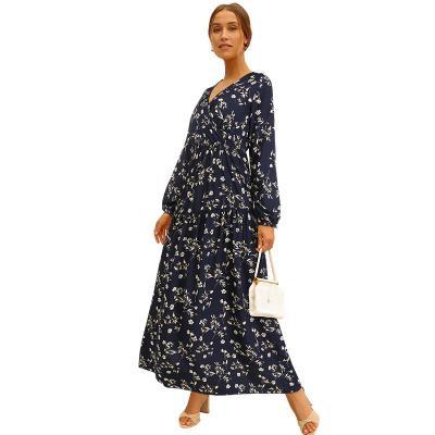 China Breathable autumn dress v neck floral print long sleeved skirt women's casual clothing wholesale for sale