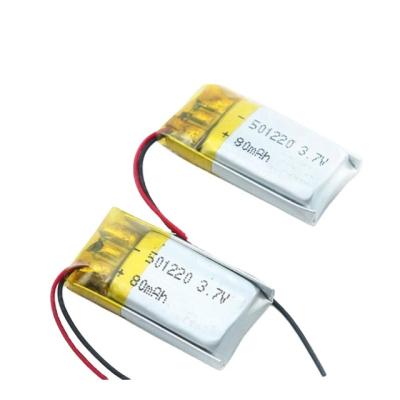 China Toys low price polymer battery 501220 3.7V 80mah small lithium polymer battery pack for LED light for sale