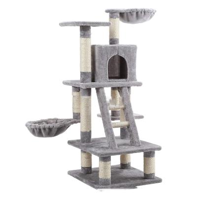 China High Quality Stocked Level Large Timbers Gray Cat Scratcher Tower 3 Deluxe Climb Tree With Basket for sale